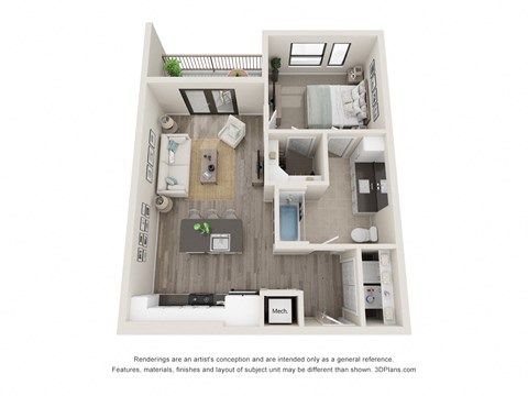 Floor plan for 1 bed, 1 bath, 682 sqft